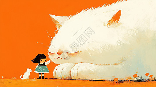 在大白猫身旁的可爱卡通小女孩图片