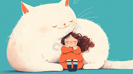在巨大的白猫身旁的可爱卡通女孩图片