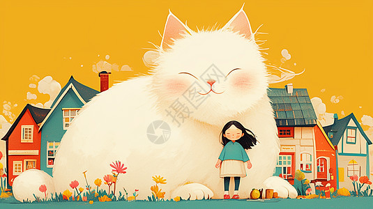 巨大的白猫身旁的可爱卡通小女孩图片
