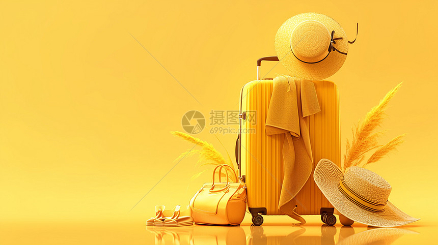 黄色卡通旅行箱与度假用品图片