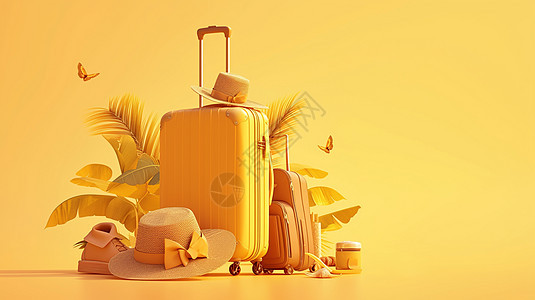 大的黄色卡通旅行箱和度假用品图片