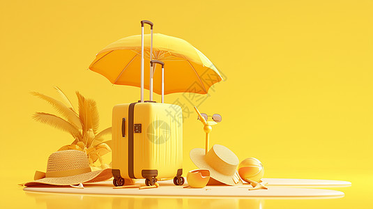 黄色卡通旅行箱和度假用品图片