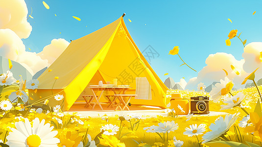 黄色帐篷在开满小雏菊花朵的草丛中图片