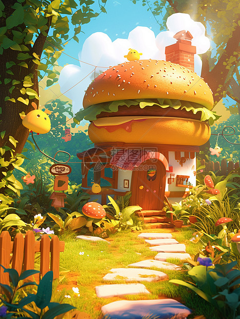 森林中的卡通可爱汉堡屋图片