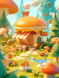 森林中的卡通可爱汉堡屋图片