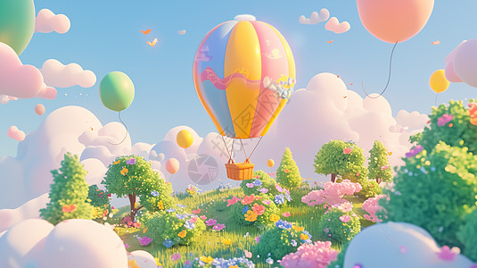 飞过草地上的梦幻彩色卡通热气球图片