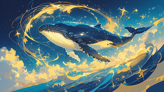 飞游在大海上被金光闪闪的星星环绕的卡通鲸鱼图片