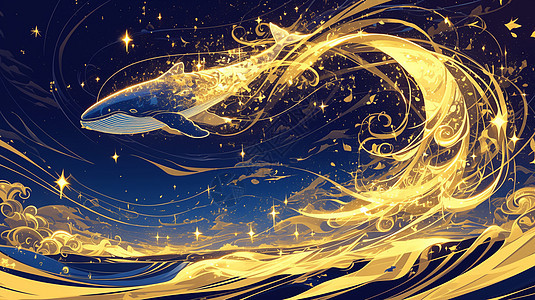 在大海上被金光闪闪的星星环绕的卡通鲸鱼图片