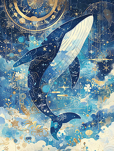 鲸鱼在梦幻空中游泳图片