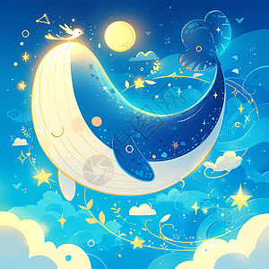 蓝色梦幻云朵间一条可爱的卡通鲸鱼儿童插画插画