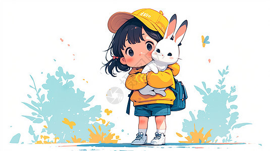 戴着帽子穿着黄色上衣的卡通女孩抱着宠物图片