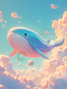 空中的一头巨大的卡通鲸鱼梦幻场景图片