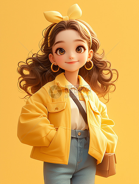 波浪长发时尚的卡通女孩穿着黄色上衣图片