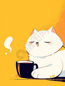 喝咖啡的卡通小白猫图片