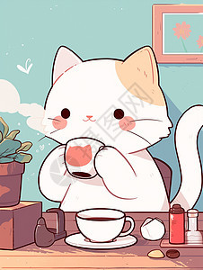 正在喝咖啡的可爱卡通小白猫图片