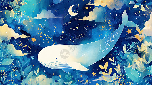 多空夜晚在空中游的卡通巨大鲸鱼插画