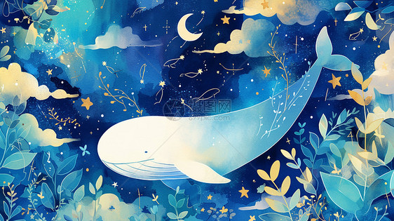 夜晚在空中游的卡通巨大鲸鱼图片