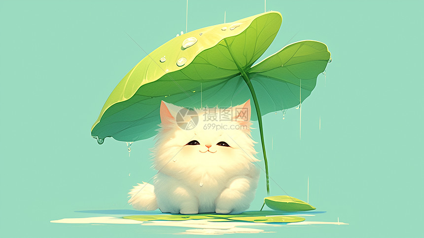 雨中在荷叶下躲雨的可爱卡通小白猫图片