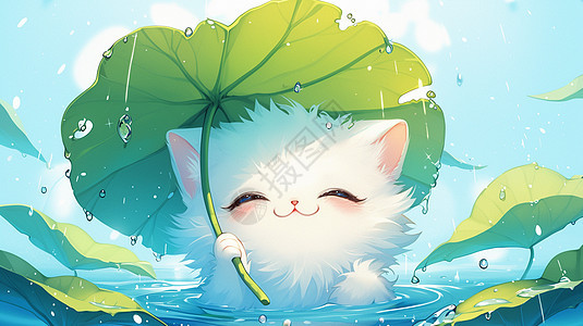 雨中在荷叶下 的可爱卡通小白猫图片