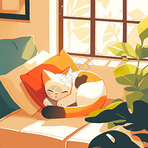 在沙发上睡觉的卡通小猫插画