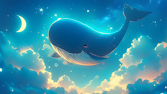 夜晚飞在云朵上巨大的卡通鲸鱼图片