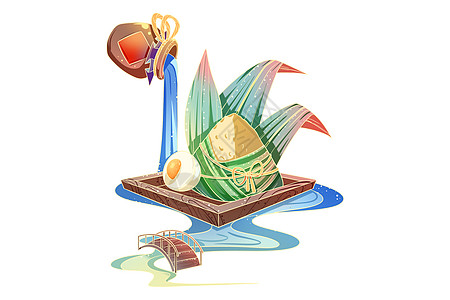 国潮风端午节放在托盘上的粽子和蛋黄背景图片