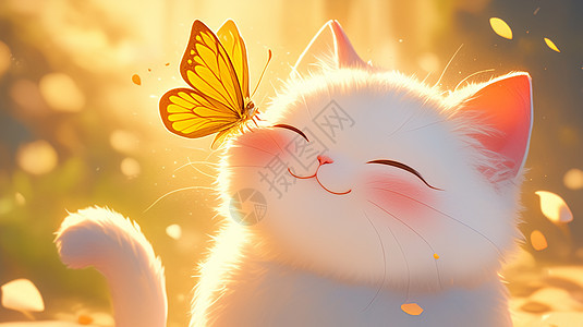 毛茸茸可爱的卡通白猫脸上落着一只黄色蝴蝶图片