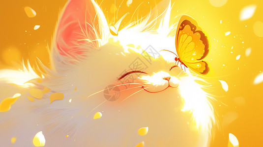 可爱的卡通大白猫脸上落着一只黄色蝴蝶图片