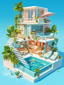 有游泳池的现代时尚卡通房子背景图片