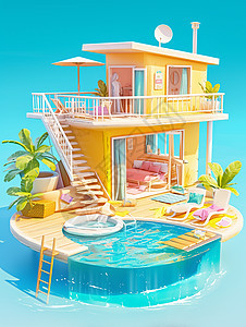 有游泳池的时尚现代卡通房子背景图片