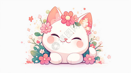 头上有花朵的可爱卡通小白猫图片