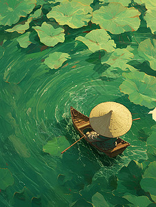 戴着大草帽在河塘中划船的卡通人物图片