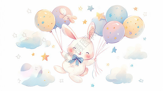 拿着彩色气球的可爱卡通小白兔在云朵上图片