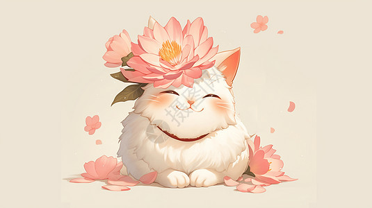 头顶着粉色花朵乖巧可爱的卡通小白猫图片