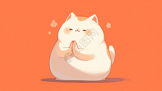 橙色背景上一只可爱的卡通小猫双手合十图片