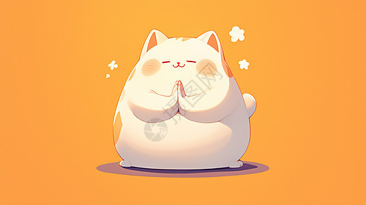 橘色背景上一只可爱的卡通小白猫双手合十图片