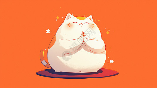 橙色背景上一只胖乎乎可爱的卡通小白猫双手合十图片