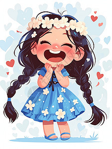 穿着蓝色花裙子开心笑的可爱卡通小女生图片