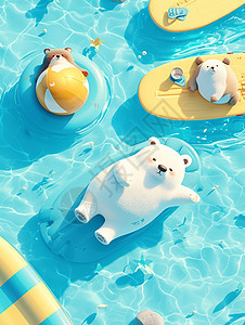 在游泳池里玩耍的卡通胖熊背景图片