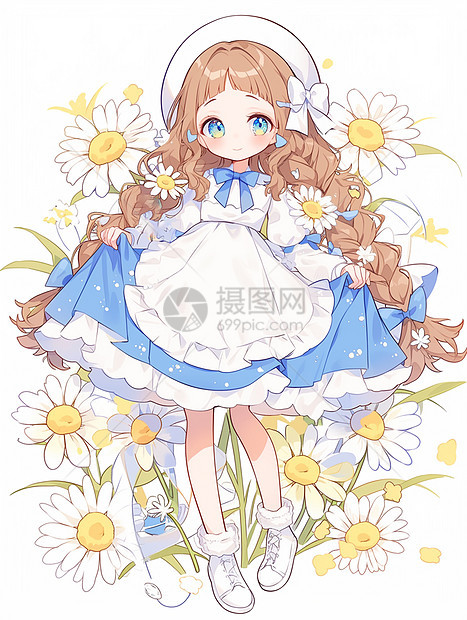 金色长发可爱的卡通小女孩穿着蓝色裙子站在小雏菊花丛中图片