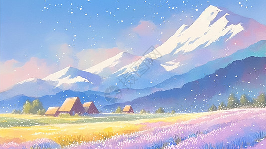 天空下一座高高的雪山与彩色花田唯美插画图片