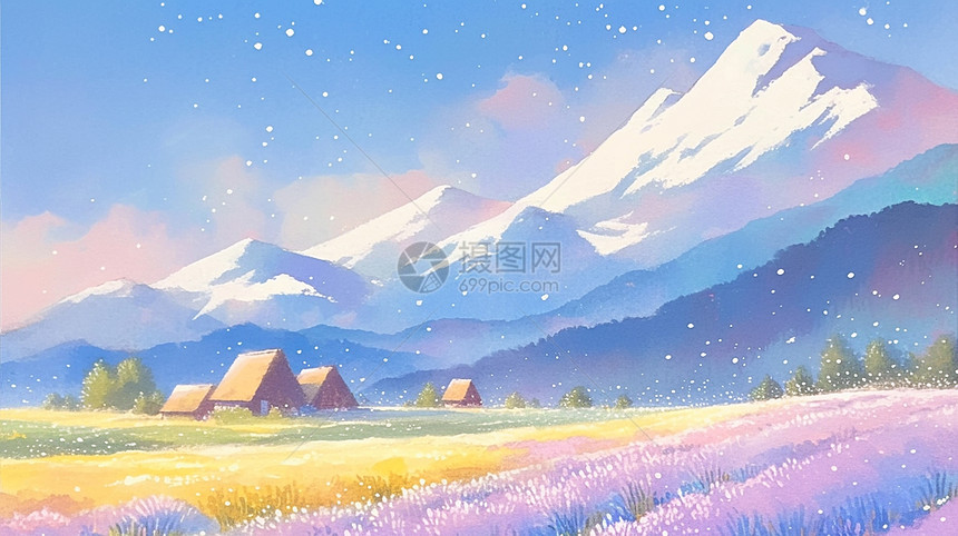 天空下一座高高的雪山与彩色花田唯美插画图片