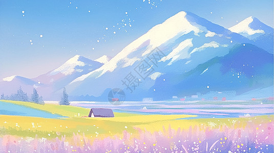 天空下一座雪山与彩色花田唯美插画图片