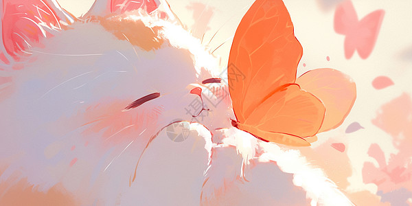 一只卡通蝴蝶落在白色猫鼻子上图片