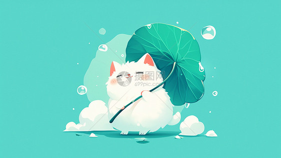 拿着荷叶遮雨的可爱卡通小白猫图片