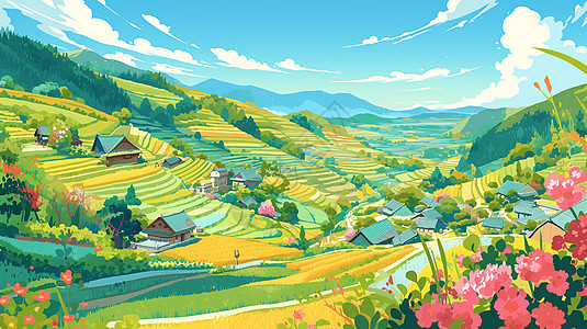 唯美风景秀丽的卡通村庄图片