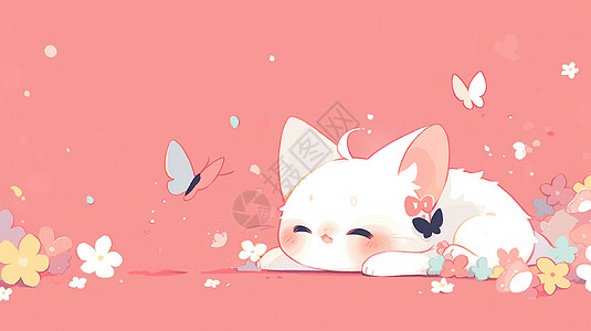 在花丛中与蝴蝶一起玩耍的卡通小白猫图片
