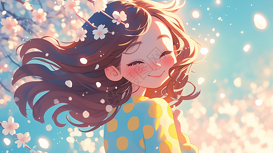 在粉色桃花间长发飘飘的卡通女孩面带微笑图片