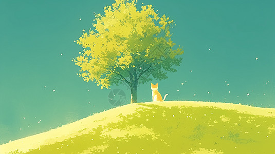 绿色山坡上一棵大树下一个可爱的卡通小猫在乘凉图片
