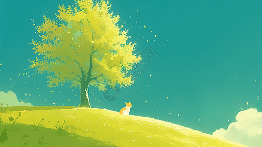 绿色山坡上一棵大树下一个可爱的卡通小猫在乘凉图片